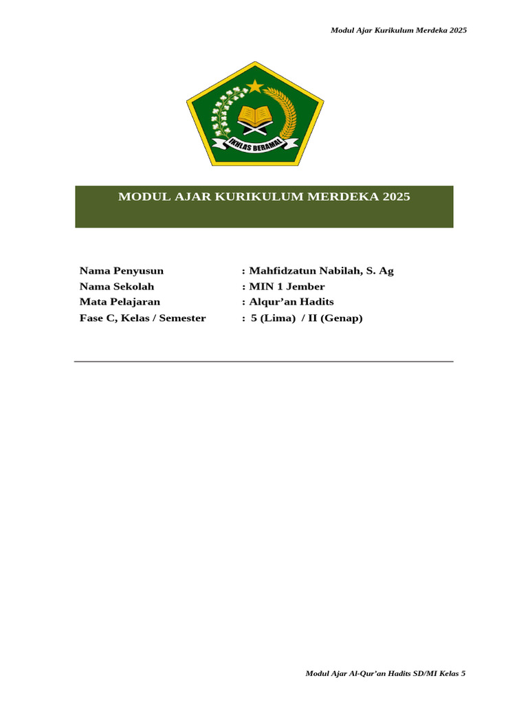 Modul Ajar Al-Qur'an Hadits Kelas 5 | PDF