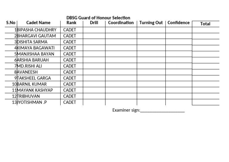 DBSG Guards Selection Marksheet | PDF