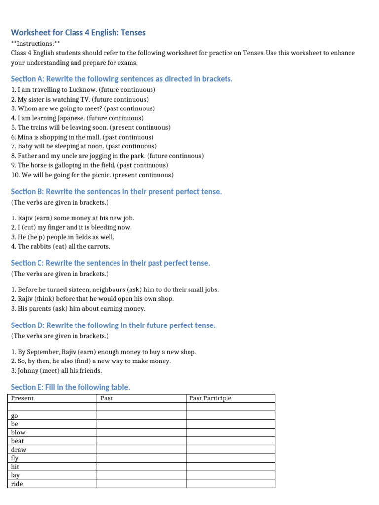 Class 4 Tenses Practice Worksheet | PDF | Linguistics | Grammar