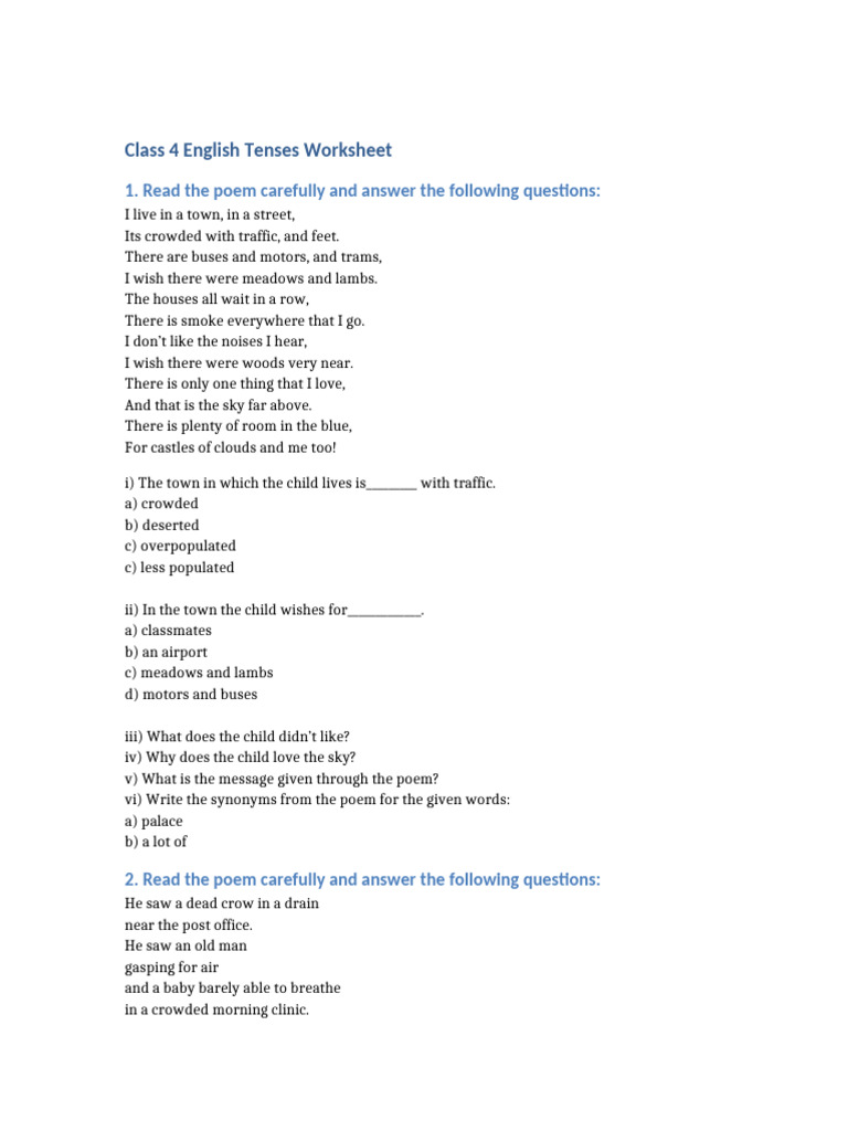 Class 4 Tenses Worksheet with Answers | PDF
