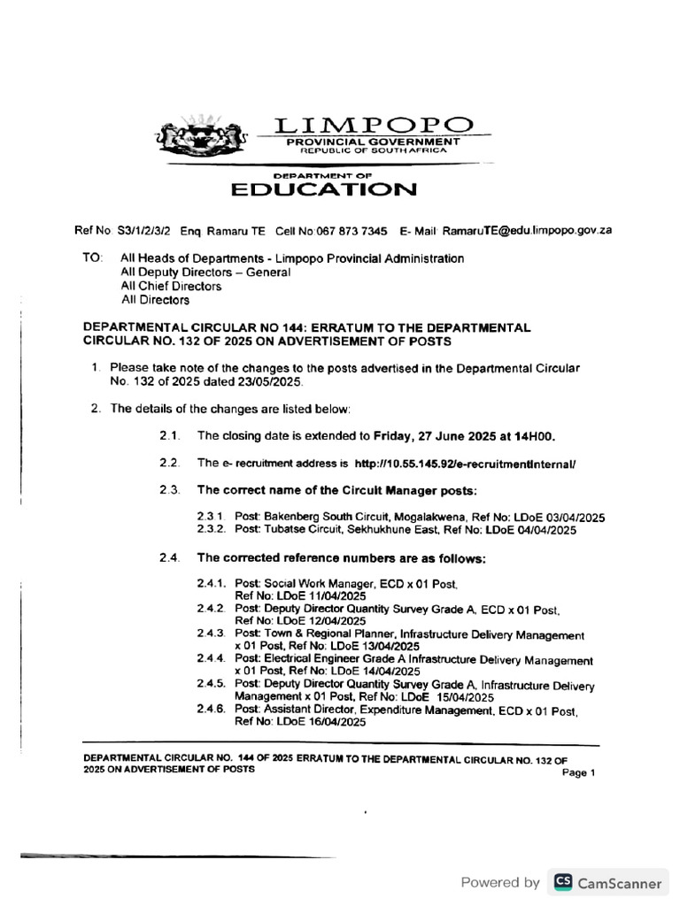 Departmental Circular No. 144 of 2025 Erratum To Departmental Circular ...