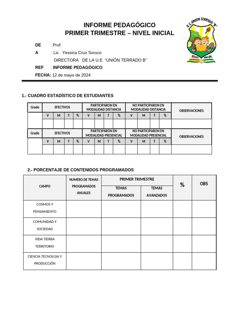 Informe Pedagógico 1er Trimestre 2024 | PDF | Aprendizaje ...