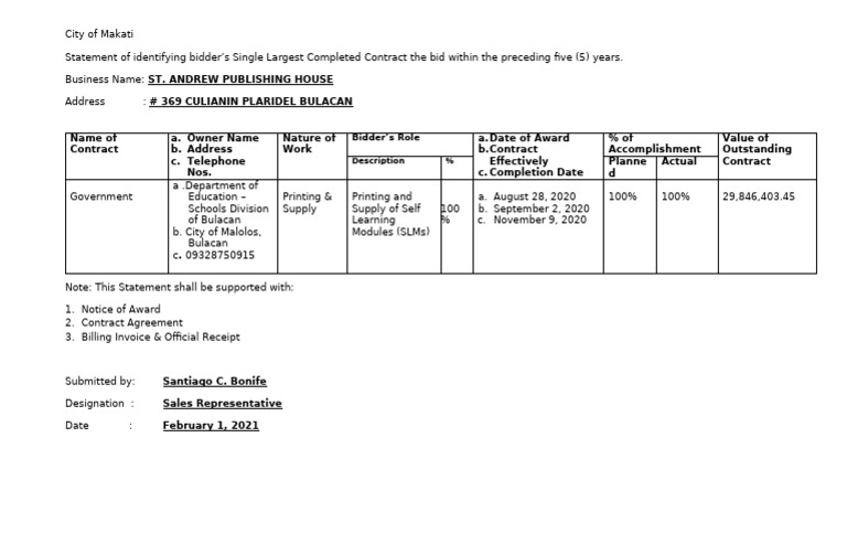 SLCC Bidder's Contract Statement | PDF