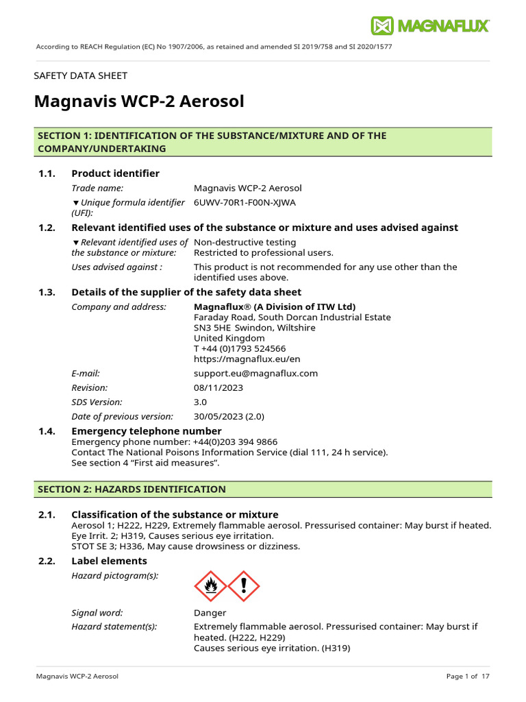 Magnavis WCP-2 Aerosol MSDS | PDF | Dangerous Goods | Occupational ...