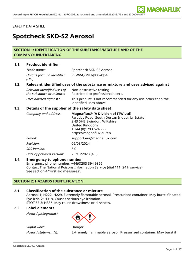 Spotcheck SKD-S2 Aerosol Safety Data Sheet | PDF | Dangerous Goods ...