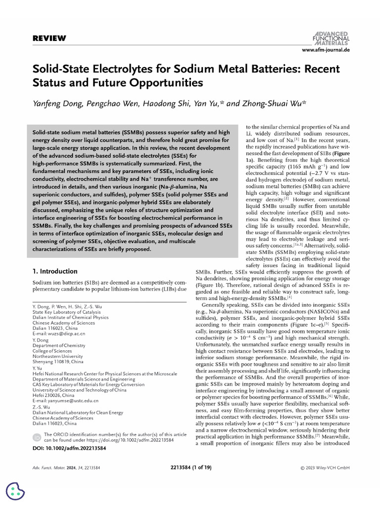 Solid State Electrolytes For Sodium Metal Batteries - Recent Status and ...