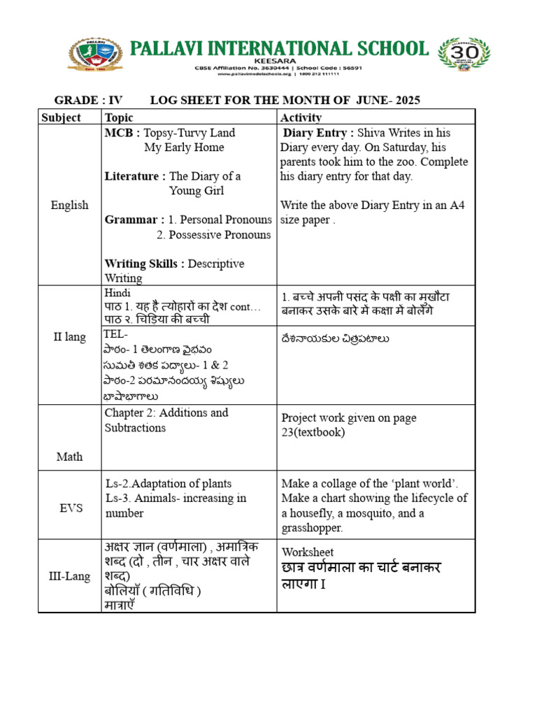 June 2025 Grade IV Log Sheet | PDF