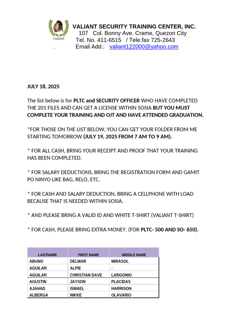 Security Officer Training Completion List | PDF
