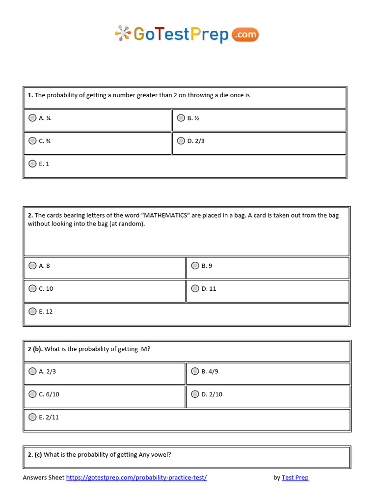 GED Probability Practice Test Answers | PDF