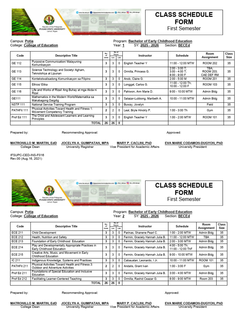 Bachelor of Education Class Schedule 2025 | PDF | Early Childhood ...