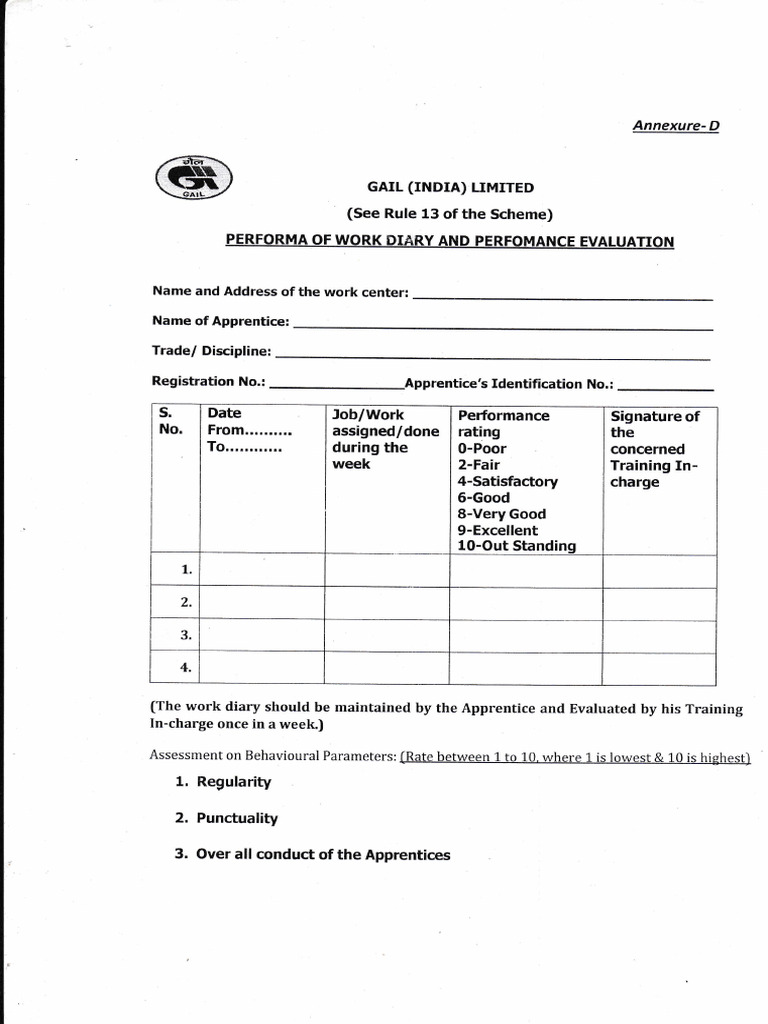 Apprentice Work Diary & Evaluation Form | PDF
