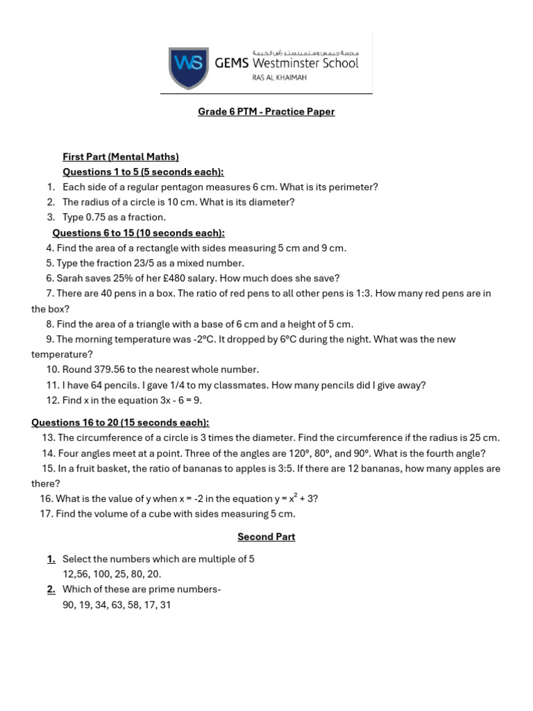G6 PTM Sample Paper Updated | PDF | Area | Circle