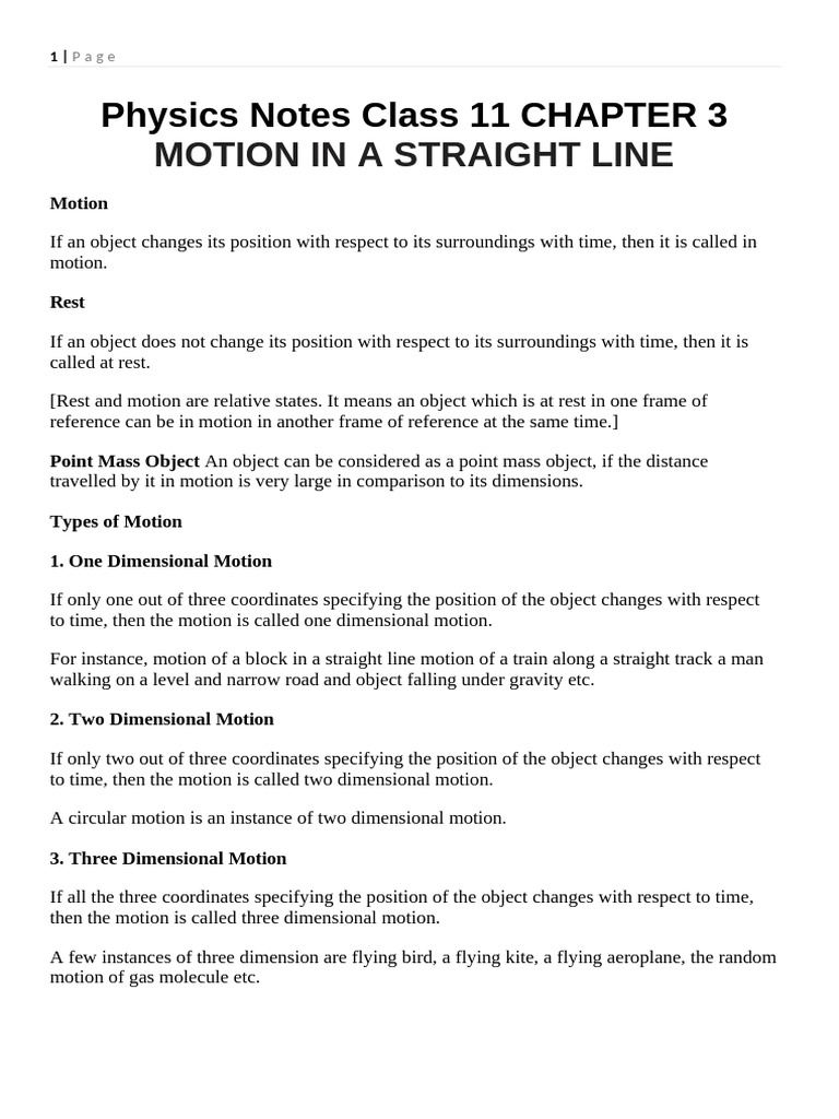 Motion in a Straight Line Notes | PDF | Velocity | Acceleration