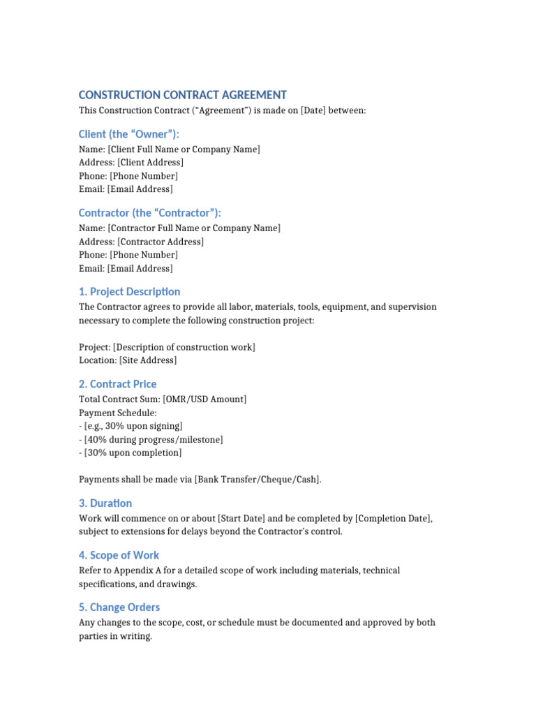 Construction Contract Agreement Template | PDF