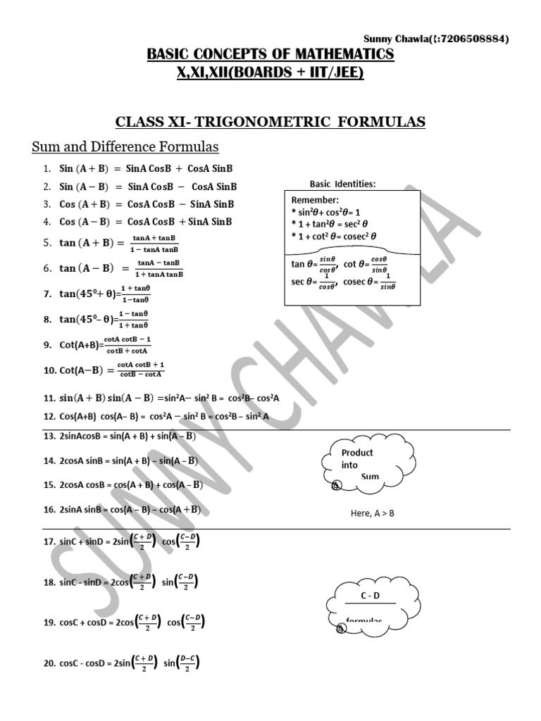 Class 11 Trigonometric Formulas | PDF | Trigonometric Functions | Chess ...