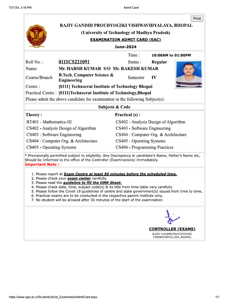 Admit Card 4 TH Sem | PDF