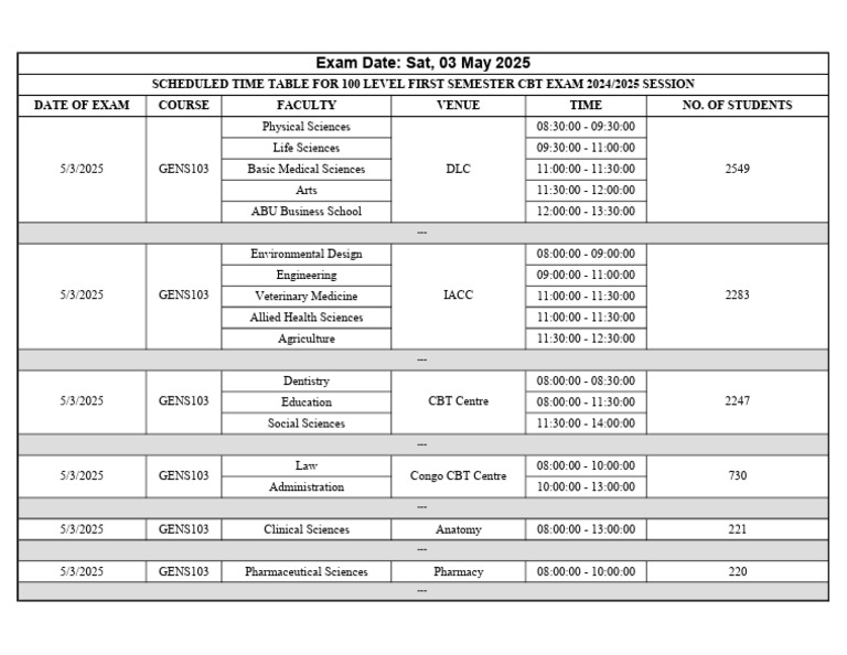2024/2025 First Semester Exam Schedule | PDF