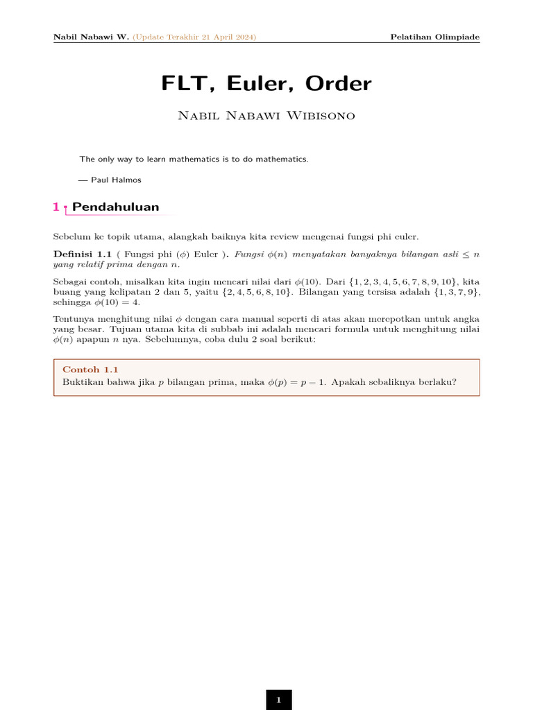Pelatihan Fungsi Phi Euler dan Teorema | PDF