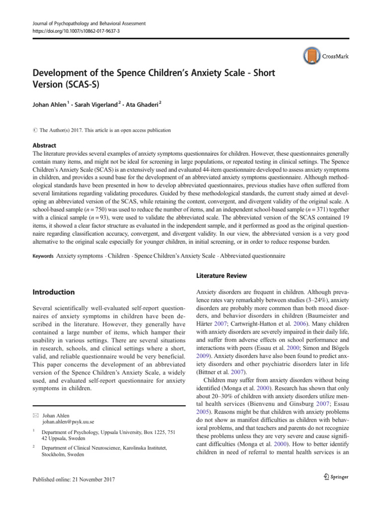 Development of the Spence Childrens Anxiety Scale | PDF | Anxiety ...