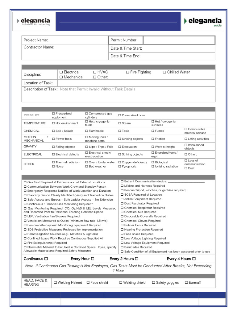 Confined Space Entry Permit Form | PDF | Personal Protective Equipment ...