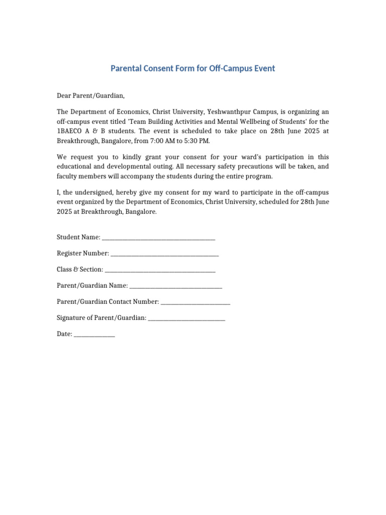 Parental Consent for Off-Campus Event | PDF