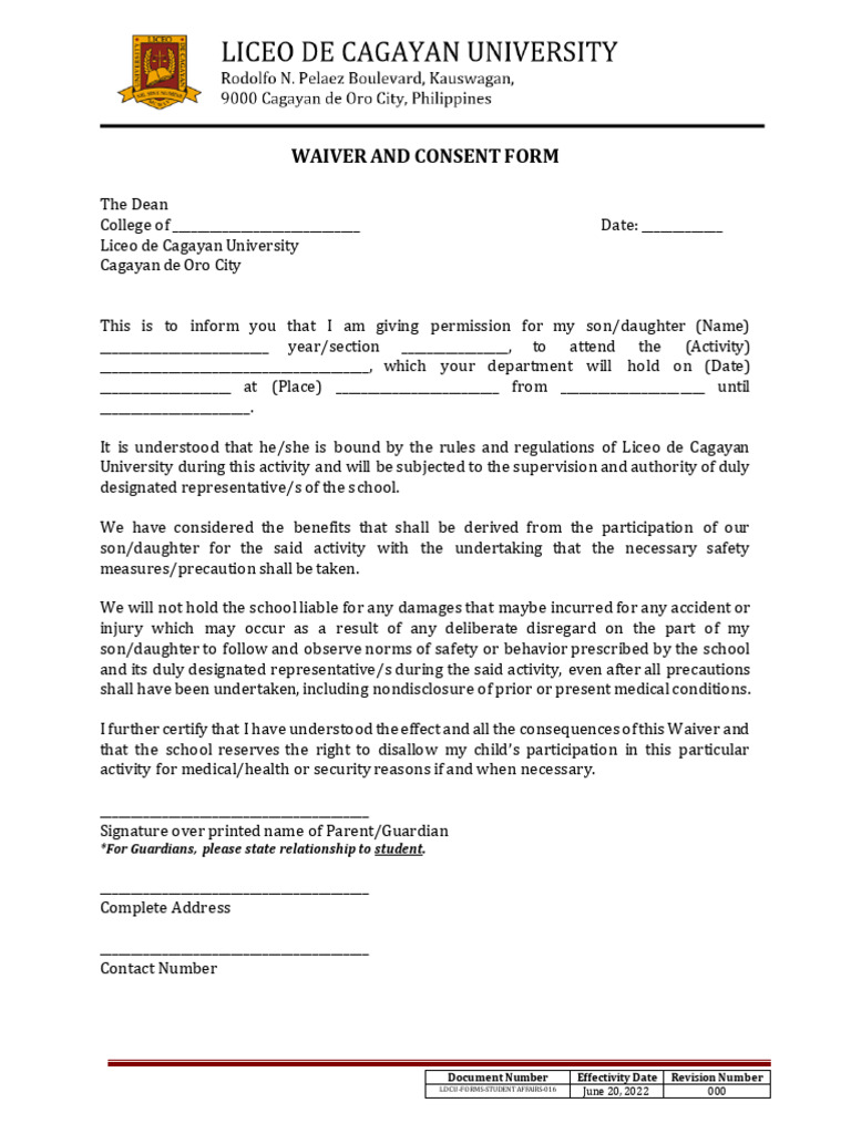 Student Activity Consent Waiver Form | PDF