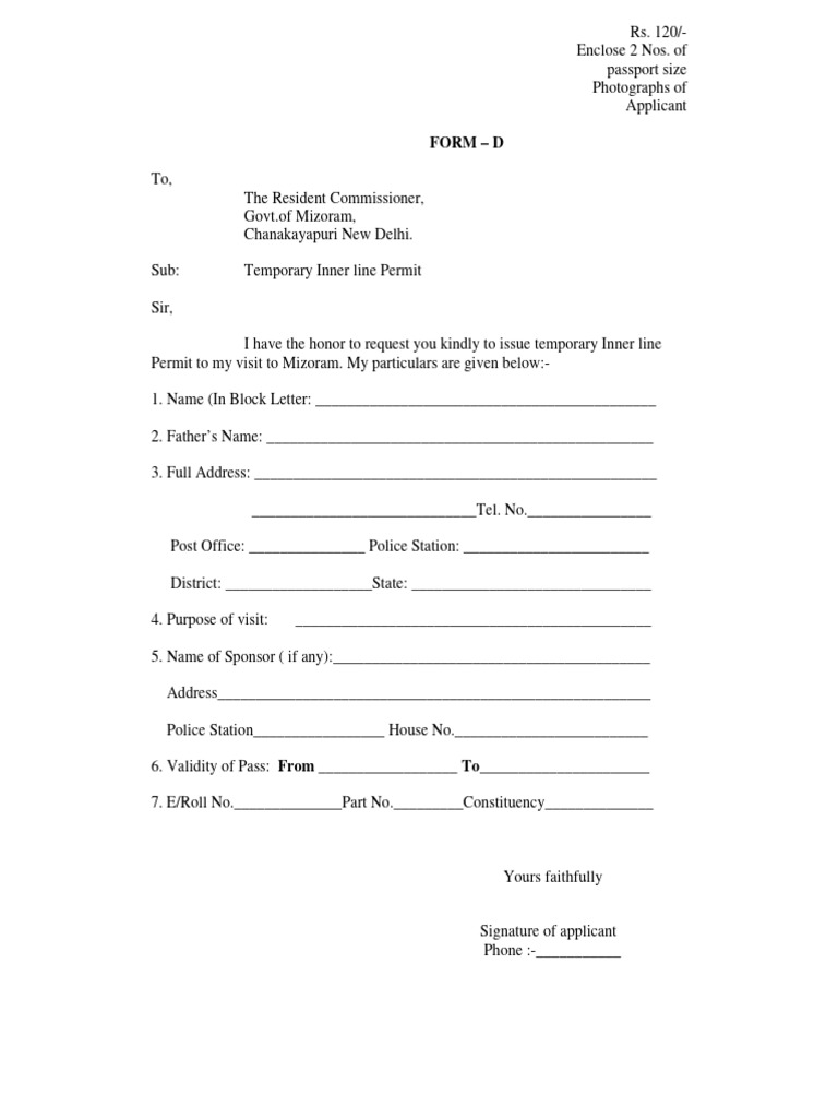 Mizoram Inner Line Permit Application | PDF | Government And Personhood