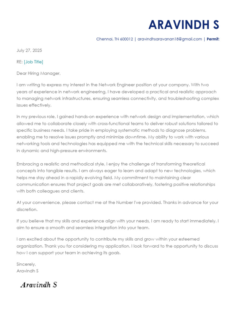 Network Engineer Application Letter | PDF