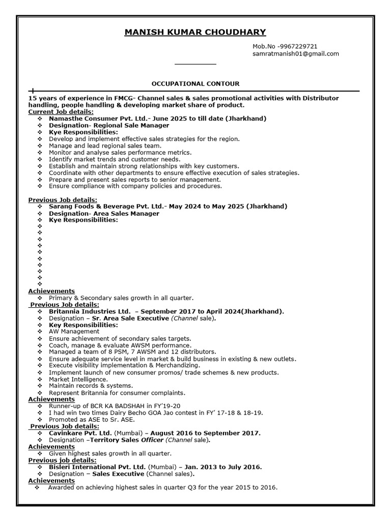 FMCG Sales Manager Resume Overview | PDF | Sales | Business