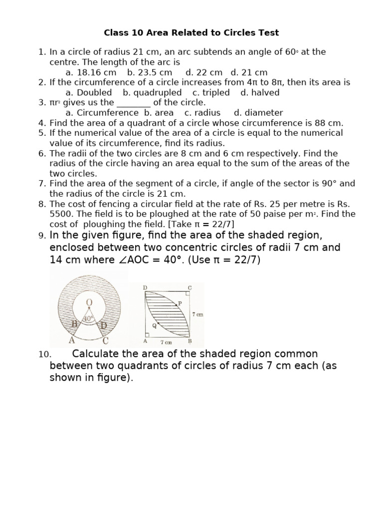 Class 10 Area Related To Circles Test | PDF