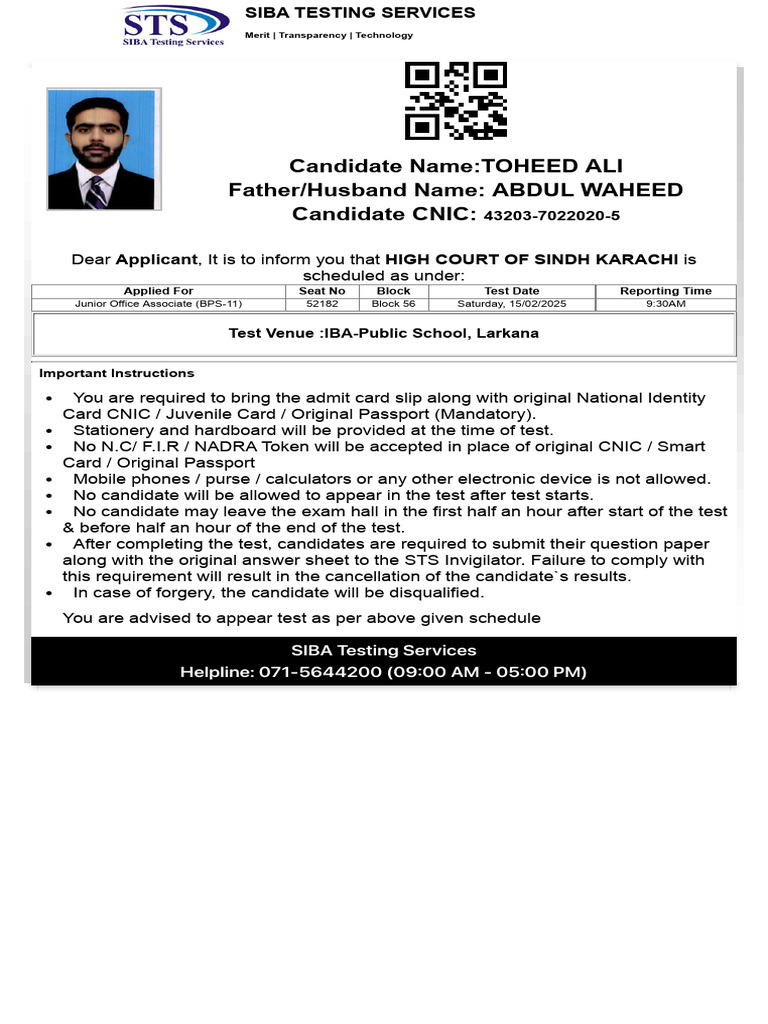 Toheed Ali Test Instructions | PDF