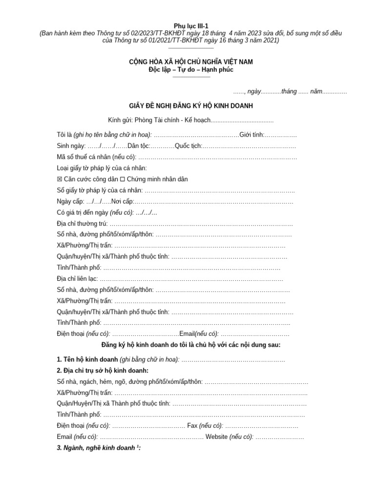 Phu Luc III - 1 (TT 02.2023 TT-BKHDT) | PDF