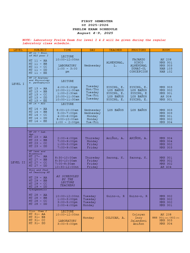 25 26 PRELIM Exam Schedule 1st Semester - Docx 1 | PDF