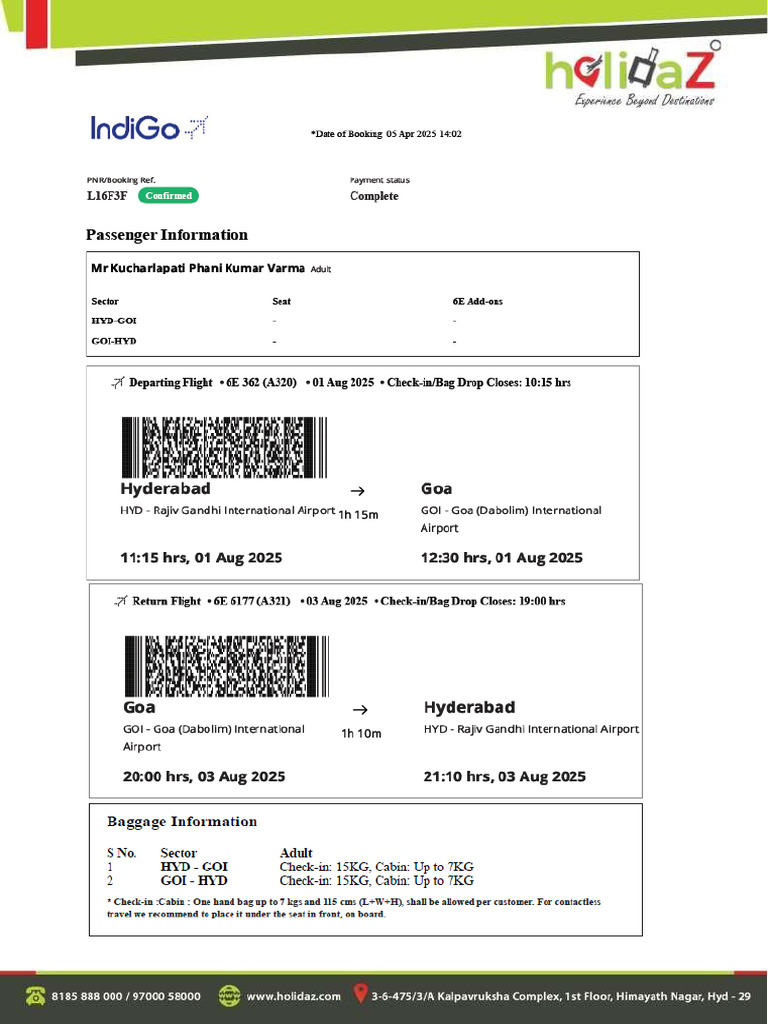 Flight Ticket Copy of MR Phani Kumar | PDF