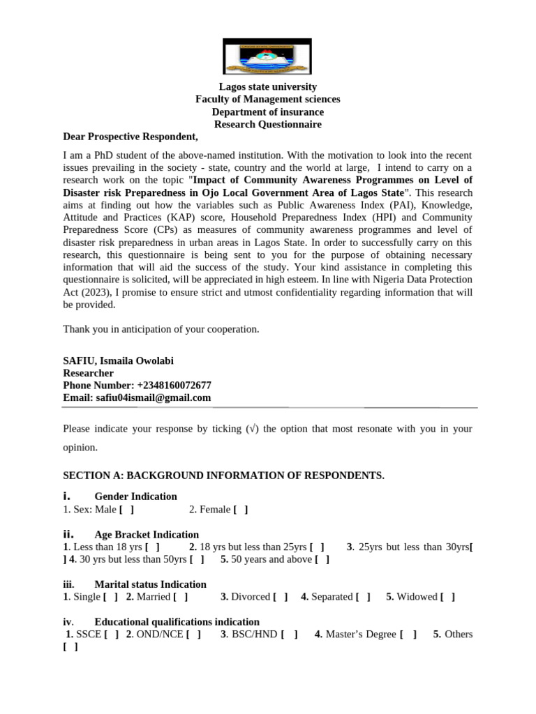Community Awareness & Disaster Preparedness Survey | PDF | Survey ...