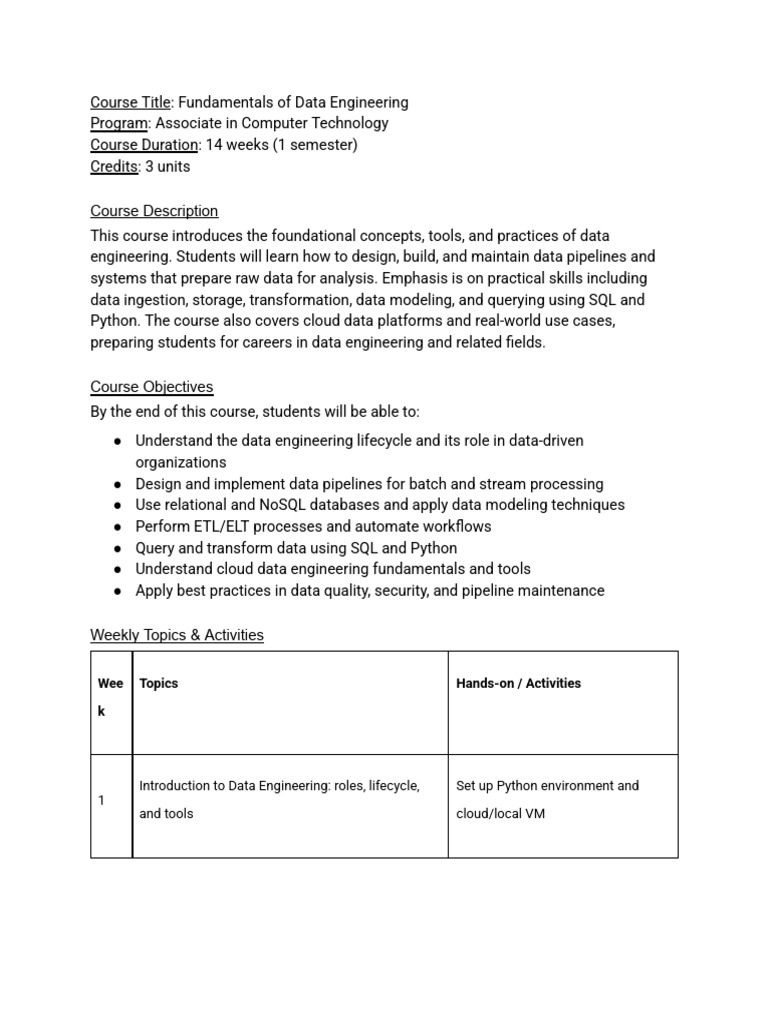 Data Engineering Fundamentals Syllabus | PDF | Data Model | Databases