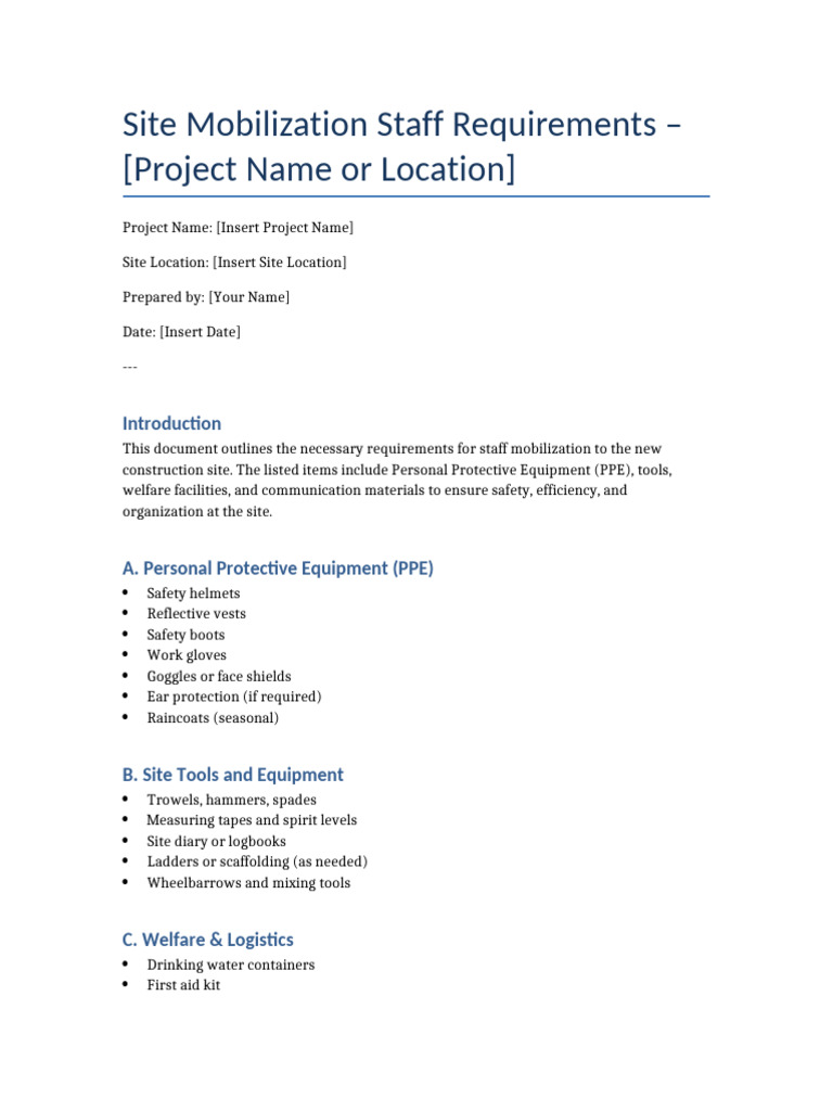 Site Mobilization Staff Requirements Guide | PDF