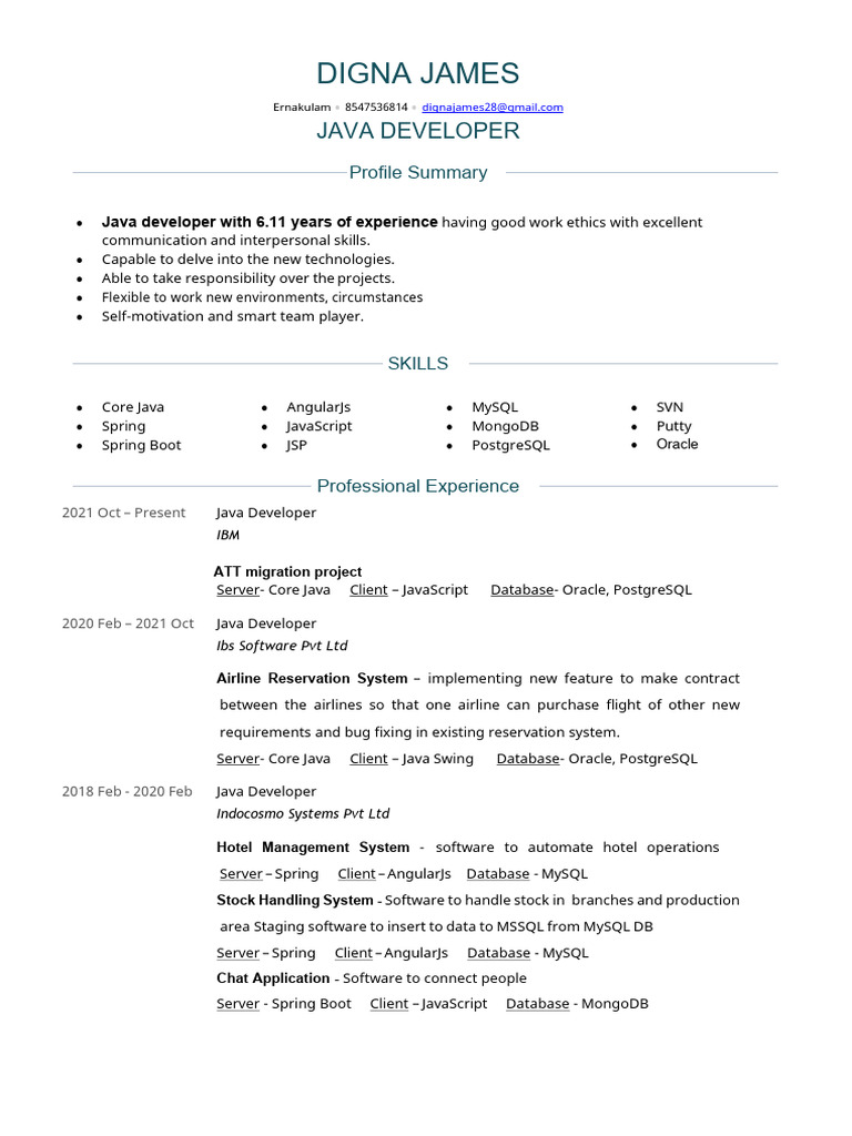 Java Developer Resume - Digna James | PDF | Java (Programming Language ...