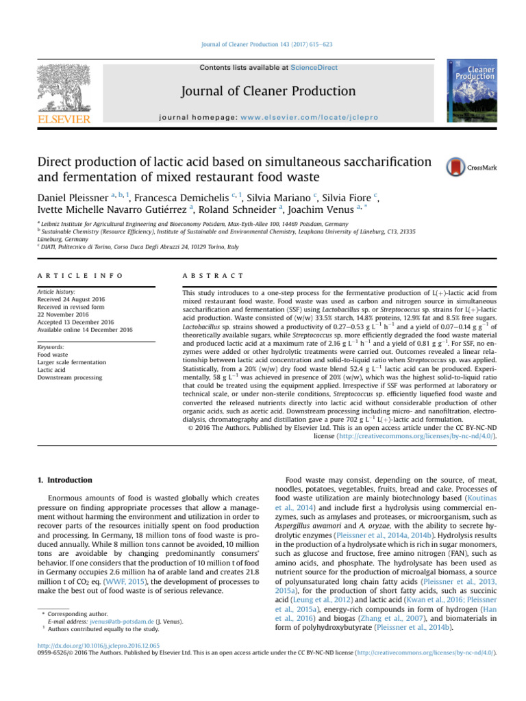 Lactic Acid Production from Food Waste | PDF | Lactic Acid | Fermentation