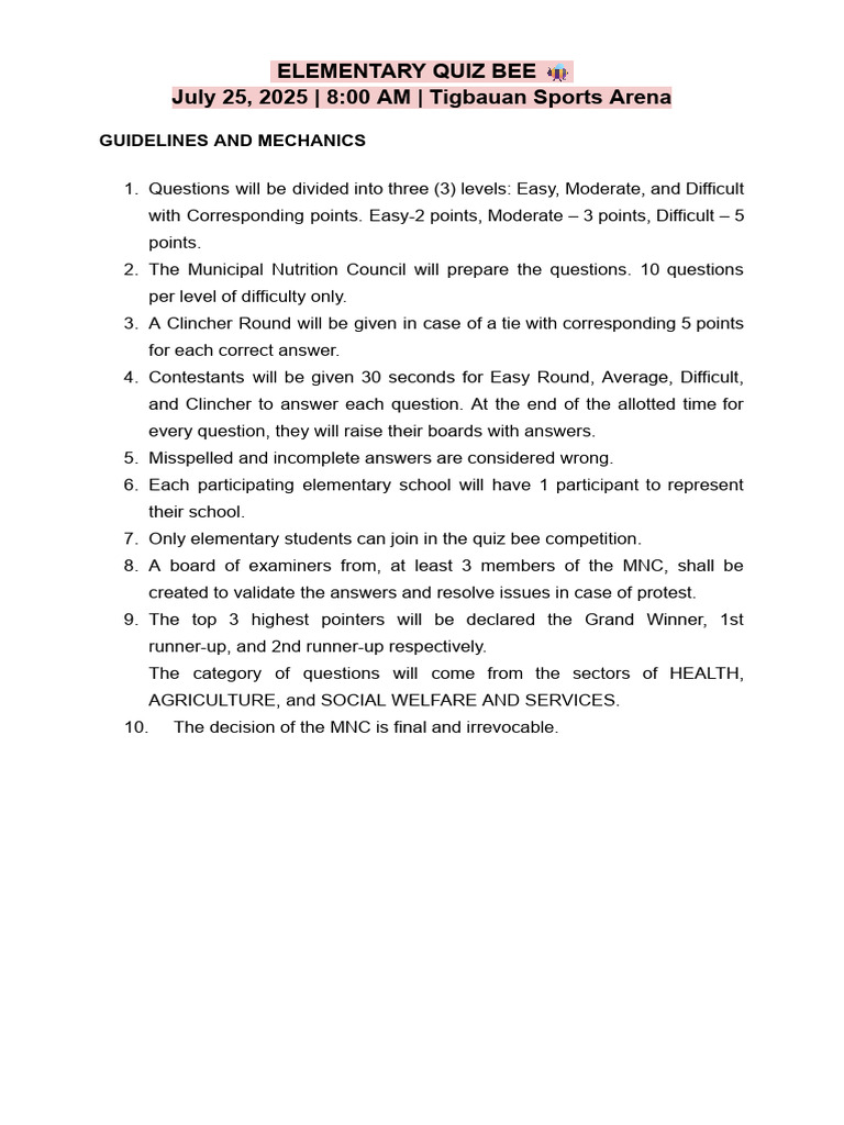 Elementary Quiz Bee Guidelines 2025 | PDF