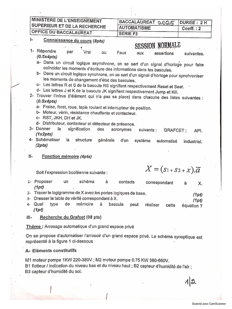 Sujet + Corrigé Type Automatisme BAC2 2025 F3 Validé | PDF | Logique ...