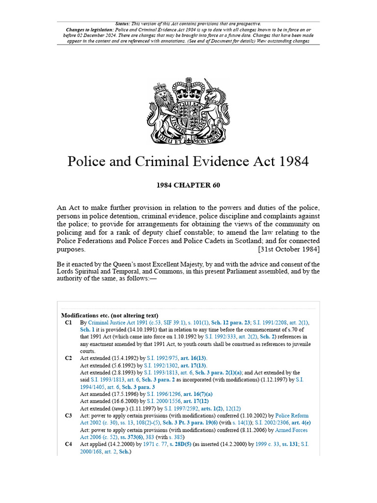 Police and Criminal Evidence Act, 1984 | PDF | Crimes | Crime & Violence