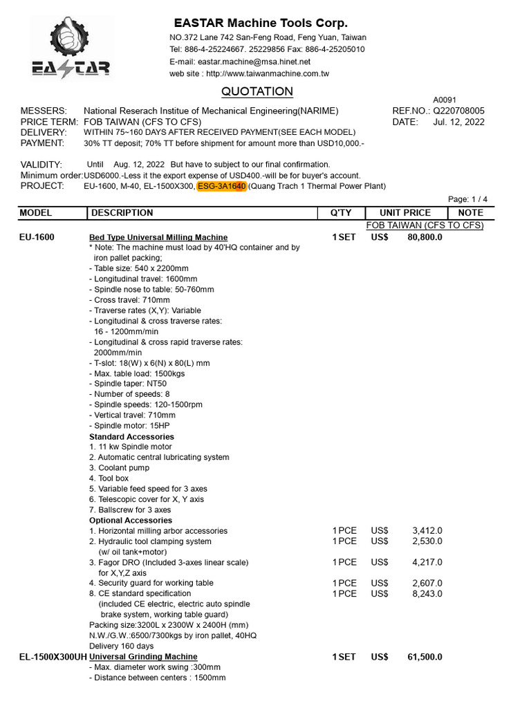 Eastar Machine Tools Quotation | PDF | Grinding (Abrasive Cutting ...