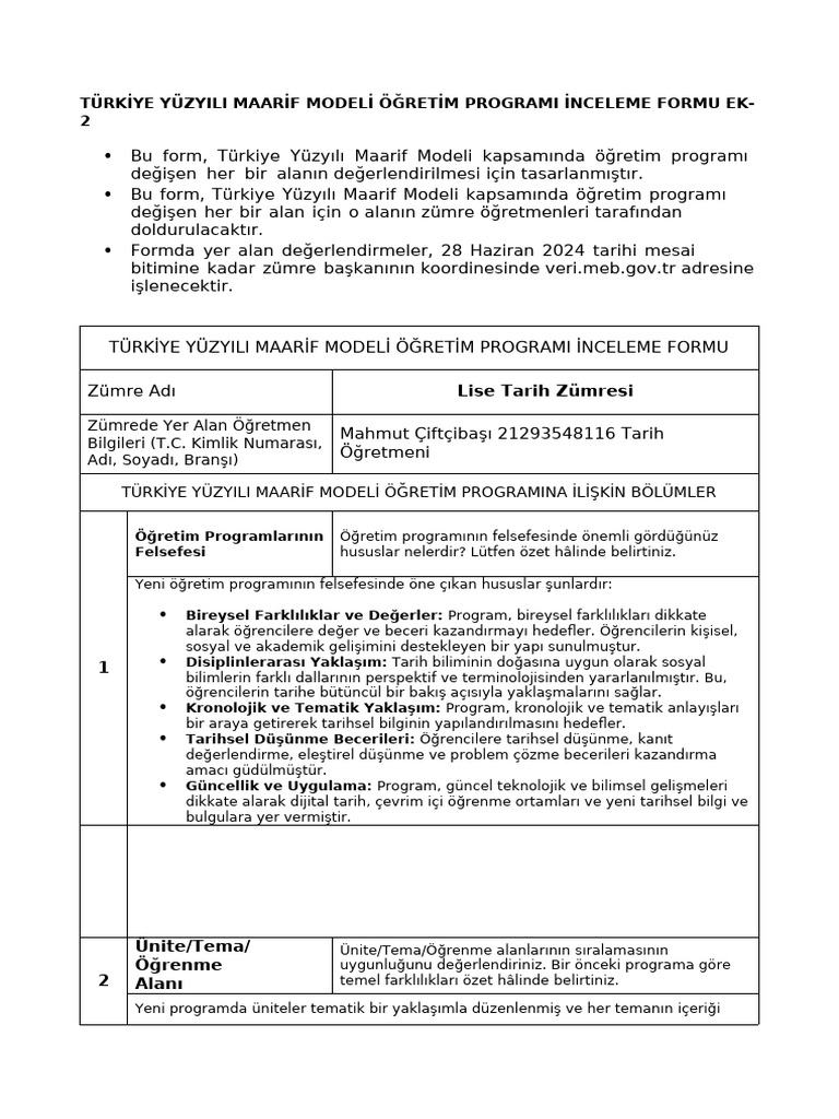 Tarih Maarif Modeli Değerlendirme Formu | PDF