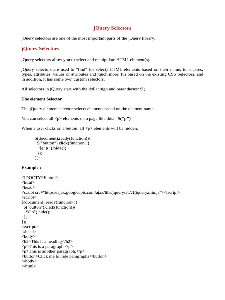 jQuery Selectors Explained with Examples | PDF | J Query | Html
