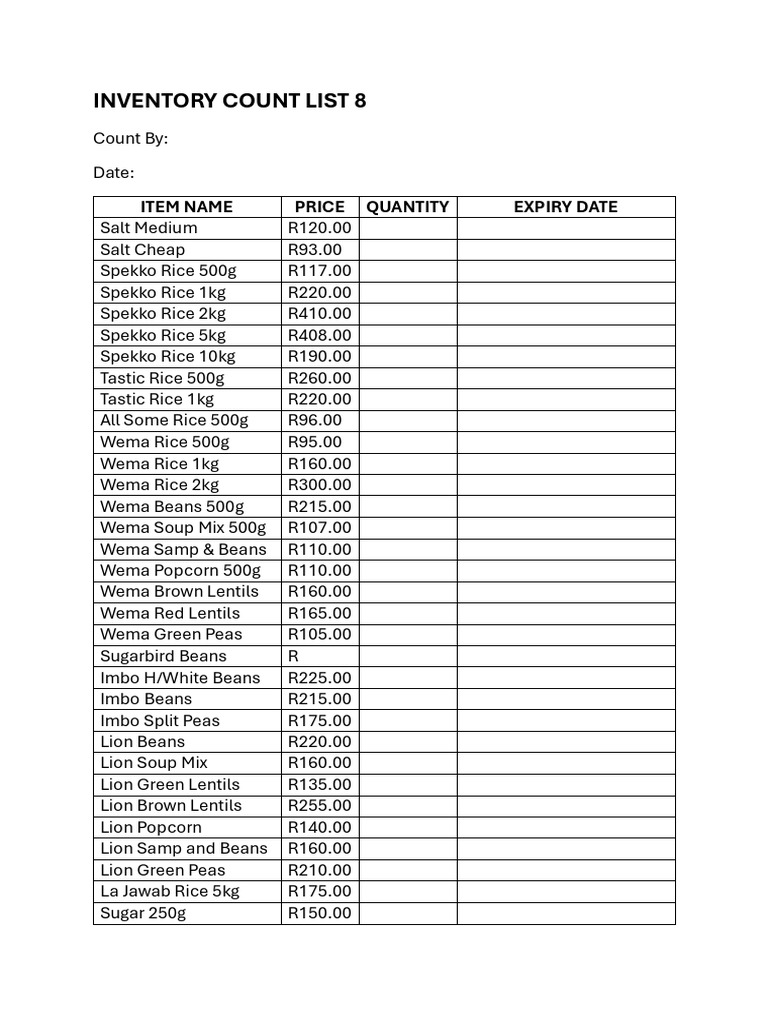 Inventory Count List for Food Items | PDF