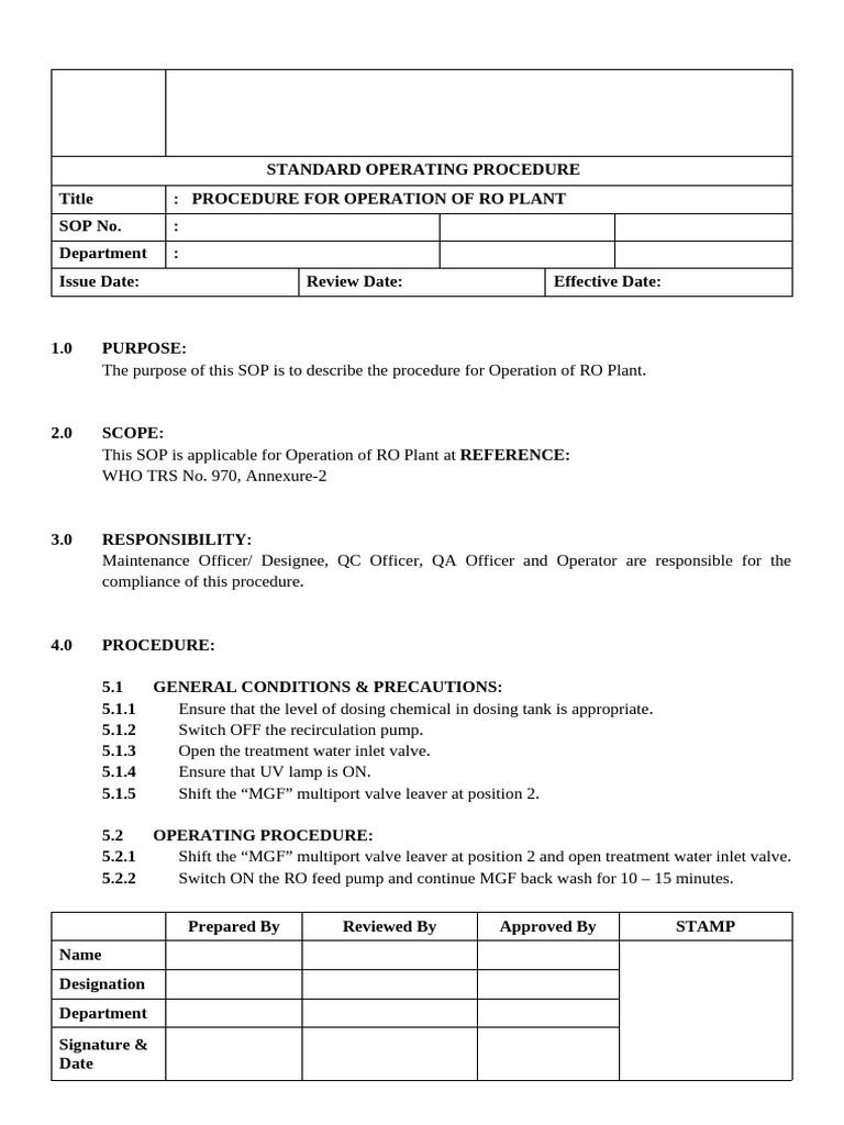 RO Plant Operation Procedure SOP | PDF | Pump | Hydraulics