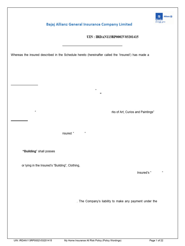 My Home Insurance All Risk Policy Details | PDF | Insurance | Indemnity