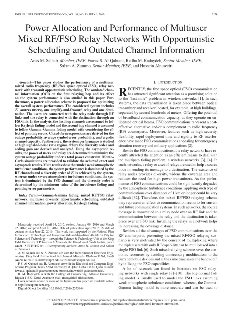 Power Allocation and Performance of Multiuser Mixed RF FSO Relay ...