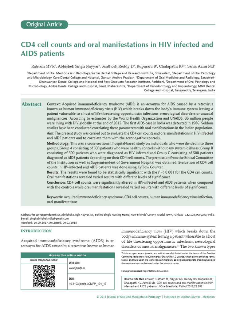 Cd4 Cell Counts and Oral Manifestations in Hiv.30 | PDF | Hiv/Aids | Hiv